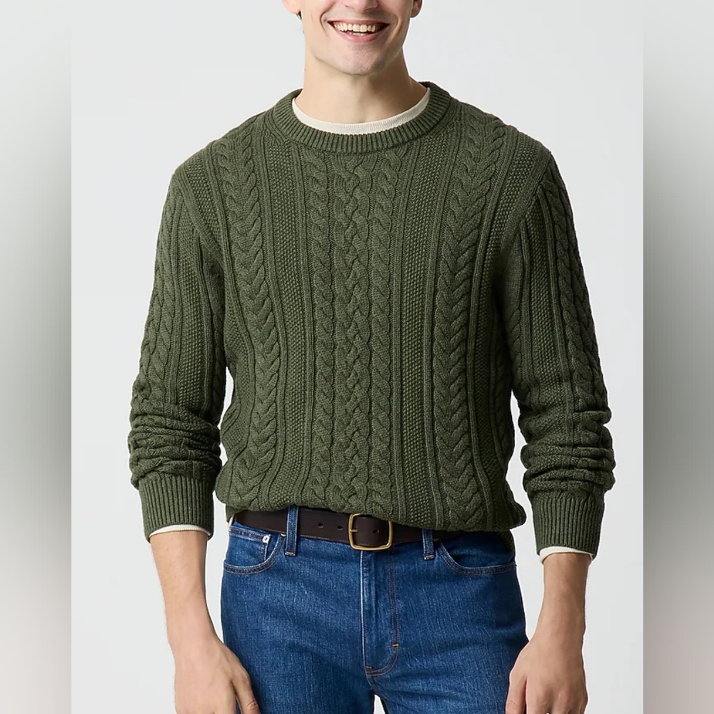 J. Crew Factory Green Cable Knit Crewneck Sweater